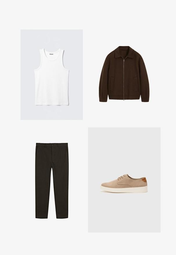 Braune Wolljacke mit Reißverschluss, Hemdkragen, zwei Fronttaschen und geknöpften Manschetten. Sie hat eine glatte Textur und einen lockeren Sitz.; Weißes Tanktop mit runder Ausschnittform und breiten Trägern. Hergestellt aus einem glatten, leichten Stoff, mit einem minimalistischen Design ohne Muster.; Dunkelbraune, gewebte Stoffhose mit geradem Bein, vorderen Taschen und einem Knopfverschluss an der Taille. Glatte Textur.; Beige Wildleder-Sneaker mit runder Zehenpartie, Schnürung und strukturiertem Rückenteil. Die weiße Gummisohle sorgt für einen Kontrast. Einfaches und modernes Design.