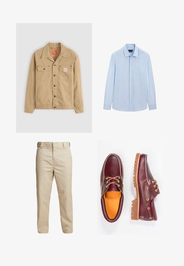 Levi's® Workwear SUNRISE TRUCKER - Džínová bunda - tiger's eye; Světle modrá košile na knoflíky s vertikálními bílými pruhy, dlouhými rukávy, límcem a rovním lemem. Směs bavlny.; Béžové bavlněné kalhoty se slim fit, rovnými nohavicemi a poutky na opasek; hladká textura a minimalistický design bez viditelných akcentů.; Burgundské kožené boty s hnědými gumovými podrážkami, kulatou špičkou, bílým prošíváním a zlatými očky. Interiér obsahuje žlutou podšívku.