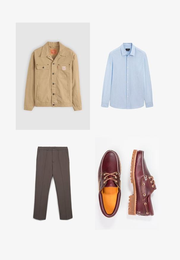 Levi's® Workwear SUNRISE TRUCKER - Jeansjacke - tiger's eye; Hellblaues Button-up-Hemd mit vertikalen weißen Streifen, langen Ärmeln, kragenähnlichem Ausschnitt und geradem Saum. Baumwollmischgewebe.; Braune gerade geschnittene Anzughose mit Seitentaschen, Knopfverschluss und Gürtelschlaufen, flach auf weißem Hintergrund präsentiert.; Bordeauxfarbene Lederschuhe mit braunen Gummisohlen, runder Zehenform, weißen Nähten und goldenen Ösen. Das Innenfutter weist eine gelbe Beschichtung auf.