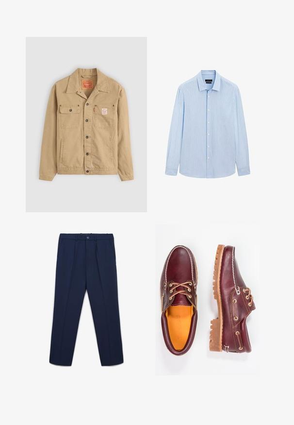 Levi's® Workwear SUNRISE TRUCKER - Jeansjacke - tiger's eye; Hellblaues Button-up-Hemd mit vertikalen weißen Streifen, langen Ärmeln, kragenähnlichem Ausschnitt und geradem Saum. Baumwollmischgewebe.; Marineblaue maßgeschneiderte Hose mit vorderen Falten, seitlichen Taschen, Gürtelschlaufen und einem Knopfverschluss am Taillenbund.; Bordeauxfarbene Lederschuhe mit braunen Gummisohlen, runder Zehenform, weißen Nähten und goldenen Ösen. Das Innenfutter weist eine gelbe Beschichtung auf.