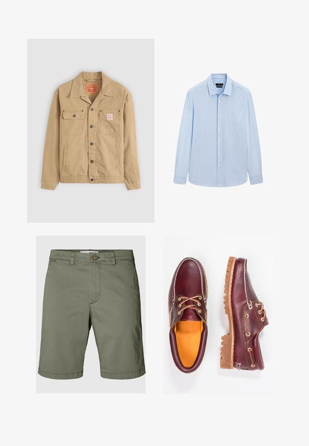 Levi's® Workwear - Kurtka jeansowa; Jasnoniebieska koszula z długim rękawem, zapinana na guziki, w pionowe białe paski, z kołnierzykiem i prostym dołem. Wykonana z mieszanki bawełny.; Oliwkowe szorty z bawełny, z zapięciem na guzik, pętlami na pasek oraz prostym krojem i złożonymi detalami na końcach.; Bordowe skórzane buty z brązowymi gumowymi podeszwami, okrągły czubek, białe przeszycia i złote oczka. Wnętrze posiada żółtą podszewkę.