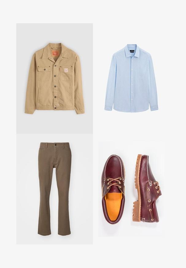 Levi's® Workwear SUNRISE TRUCKER - Veste en jean - tiger's eye; Chemise bouton-uppée bleu clair avec des rayures verticales blanches, à manches longues, col classique et ourlet droit. Tissu en mélange de coton.; Pantalon marron à jambes droites en coton avec une texture lisse, doté d'une fermeture à bouton, d'une fermeture éclair et de poches avant.; Chaussures en cuir bourgogne avec semelles en caoutchouc marron, bout rond, couture blanche et œillets dorés. L'intérieur présente une doublure jaune.