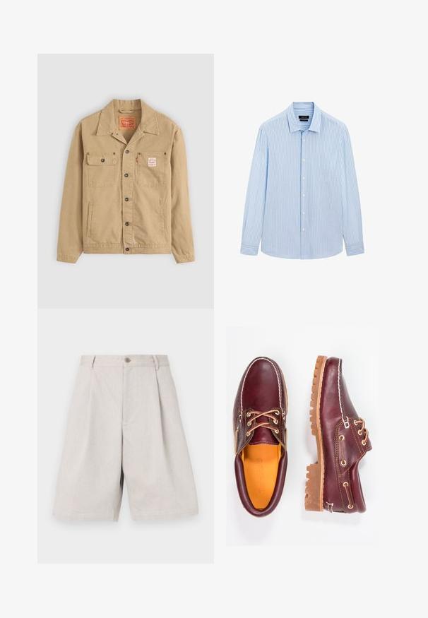 Levi's® Workwear - Kurtka jeansowa; Jasnoniebieska koszula z długim rękawem, zapinana na guziki, w pionowe białe paski, z kołnierzykiem i prostym dołem. Wykonana z mieszanki bawełny.; Jasnoszare lniane szorty o szerokim kroju, z przodu zapinane na guzik i z delikatnymi plisami dla dodatkowej faktury.; Bordowe skórzane buty z brązowymi gumowymi podeszwami, okrągły czubek, białe przeszycia i złote oczka. Wnętrze posiada żółtą podszewkę.