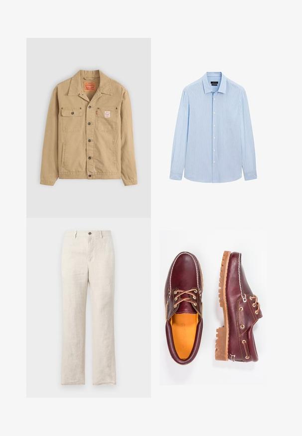 Levi's® Workwear - Kurtka jeansowa; Jasnoniebieska koszula z długim rękawem, zapinana na guziki, w pionowe białe paski, z kołnierzykiem i prostym dołem. Wykonana z mieszanki bawełny.; Lniankowe spodnie w jasnym odcieniu beżu, z prostymi nogawkami, kieszeniami z przodu oraz pojedynczym zapięciem na guzik w talii.; Bordowe skórzane buty z brązowymi gumowymi podeszwami, okrągły czubek, białe przeszycia i złote oczka. Wnętrze posiada żółtą podszewkę.