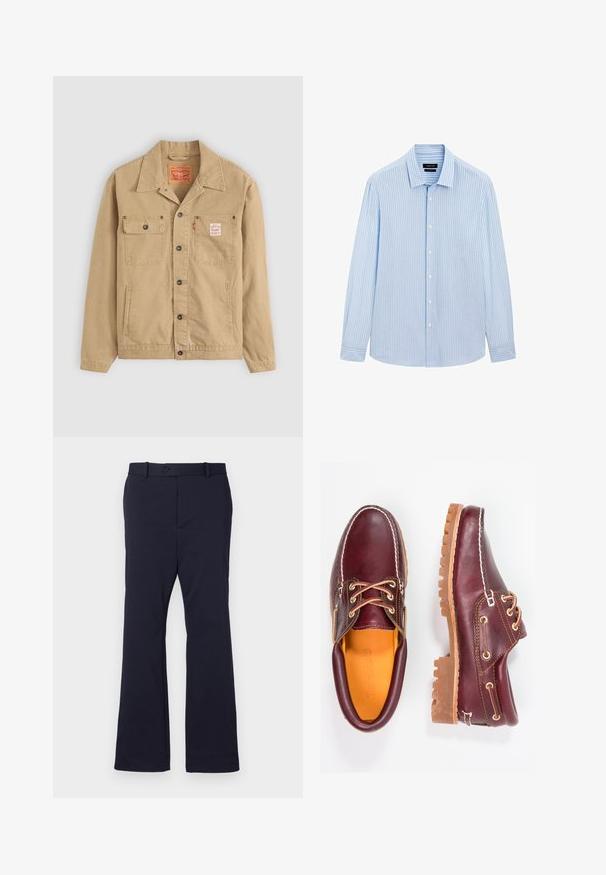 Levi's® Workwear SUNRISE TRUCKER - Denim jacket - tiger's eye; Light blue button-up shirt with vertical white stripes, long sleeves, collared neckline, and a straight hem. Cotton blend fabric.; Navy blue trousers made of smooth fabric with a straight leg design, front pockets, and a single button closure at the waist.; Burgundy leather shoes with brown rubber soles, round toe, white stitching, and gold eyelets. Interior features a yellow lining.