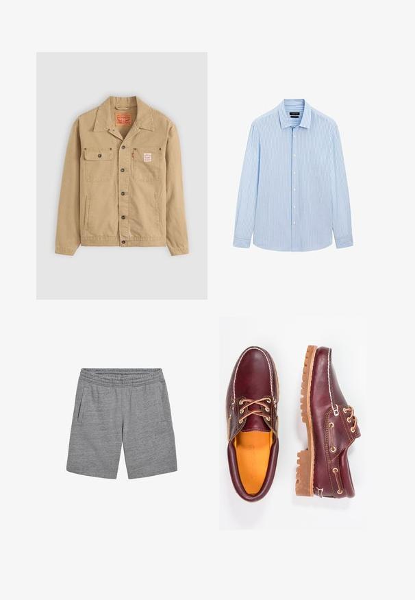 Levi's® Workwear SUNRISE TRUCKER - Spijkerjas - tiger's eye; Lichtblauw button-up shirt met verticale witte strepen, lange mouwen, kraag en een rechte zoom. Gemaakt van een katoenmix.; Grijze sportieve shorts met een elastische tailleband, twee zijzakken en een klein logo detail aan de voorkant. Zachte, gestructureerde stof.; Bordeaux leren schoenen met bruine rubberen zolen, ronde neus, witte stiksels en gouden veterogen. Het interieur heeft een gele voering.