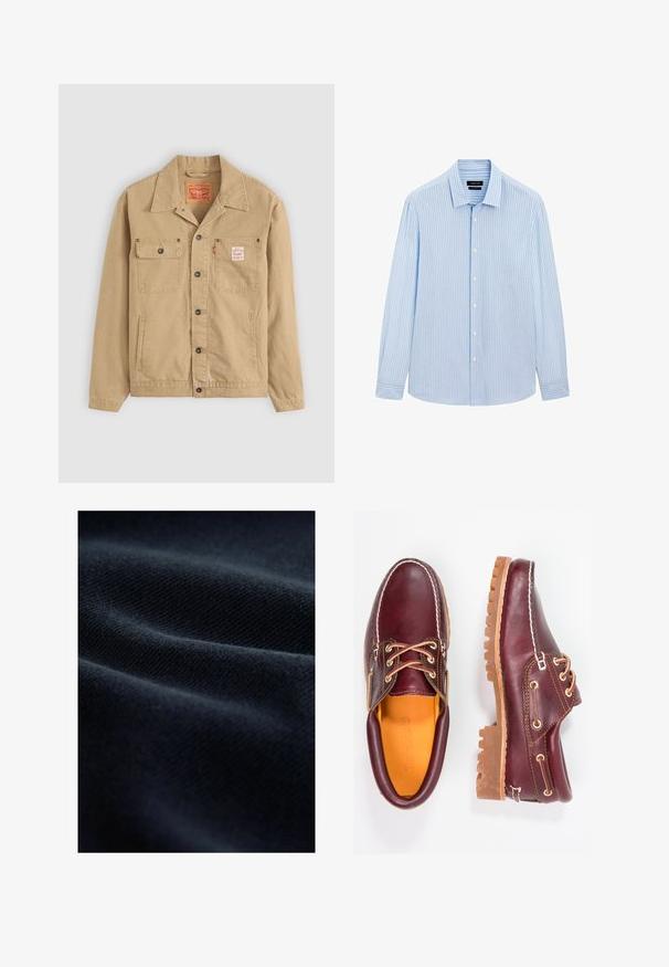 Levi's® Workwear SUNRISE TRUCKER - Spijkerjas - tiger's eye; Lichtblauw button-up shirt met verticale witte strepen, lange mouwen, kraag en een rechte zoom. Gemaakt van een katoenmix.; Marine stof met een gestructureerde weving, die zachte plooien en een gladde afwerking vertoont, die het licht op een subtiele manier reflecteert.; Bordeaux leren schoenen met bruine rubberen zolen, ronde neus, witte stiksels en gouden veterogen. Het interieur heeft een gele voering.