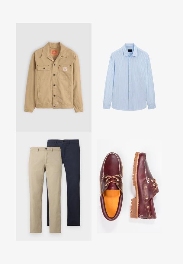Levi's® Workwear SUNRISE TRUCKER - Denim jacket - tiger's eye; Light blue button-up shirt with vertical white stripes, long sleeves, collared neckline, and a straight hem. Cotton blend fabric.; Khaki and navy chinos displayed side by side. Both have a straight-leg cut, flat front design, and single button closure. Cotton fabric texture.; Burgundy leather shoes with brown rubber soles, round toe, white stitching, and gold eyelets. Interior features a yellow lining.