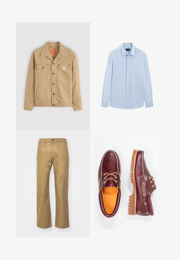 Levi's® Workwear SUNRISE TRUCKER - Giacca di jeans - tiger's eye; Camicia azzurra chiara con righe bianche verticali, maniche lunghe, colletto e orlo dritto. Tessuto in misto cotone.; Pantaloni khaki in cotone. Taglio dritto con cintura e tasche frontali. Presenta una tasca posteriore singola e dettagli di cucitura sottili.; Scarpe in pelle bordeaux con suole in gomma marrone, punta rotonda, cuciture bianche e occhielli dorati. L'interno presenta un rivestimento giallo.