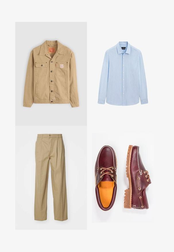 Levi's® Workwear SUNRISE TRUCKER - Denim jacket - tiger's eye; Light blue button-up shirt with vertical white stripes, long sleeves, collared neckline, and a straight hem. Cotton blend fabric.; Beige, wide-leg trousers made from cotton blend. Features front pleats, a button closure and pockets for functionality. Smooth texture.; Burgundy leather shoes with brown rubber soles, round toe, white stitching, and gold eyelets. Interior features a yellow lining.