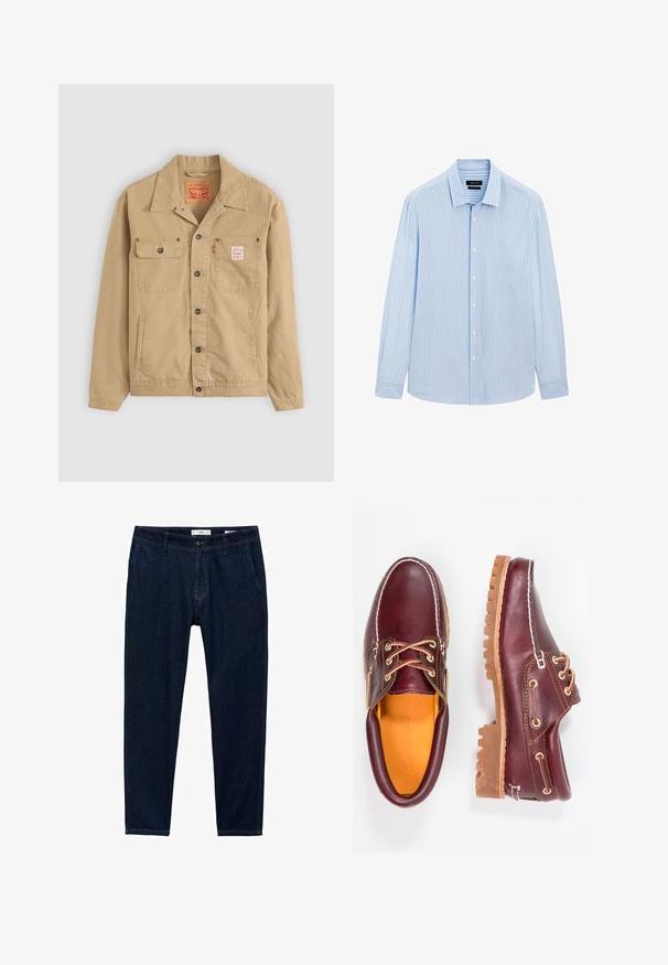 Levi's® Workwear SUNRISE TRUCKER - Giacca di jeans - tiger's eye; Camicia azzurra chiara con righe bianche verticali, maniche lunghe, colletto e orlo dritto. Tessuto in misto cotone.; Pantaloni in denim blu scuro con vestibilità dritta. Le caratteristiche includono cinque tasche, passanti per cintura e chiusura a zip con bottone.; Scarpe in pelle bordeaux con suole in gomma marrone, punta rotonda, cuciture bianche e occhielli dorati. L'interno presenta un rivestimento giallo.