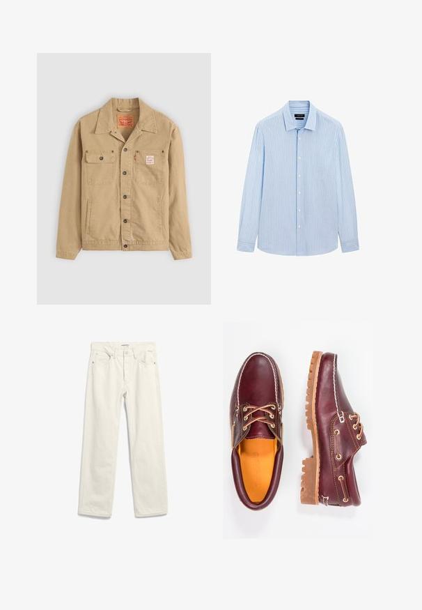 Levi's® Workwear SUNRISE TRUCKER - Spijkerjas - tiger's eye; Lichtblauw button-up shirt met verticale witte strepen, lange mouwen, kraag en een rechte zoom. Gemaakt van een katoenmix.; Witte denim broeken met een rechte pijpdesign, voorzien van een standaard tailleband, vijf zakken en minimalistische stikdetails.; Bordeaux leren schoenen met bruine rubberen zolen, ronde neus, witte stiksels en gouden veterogen. Het interieur heeft een gele voering.
