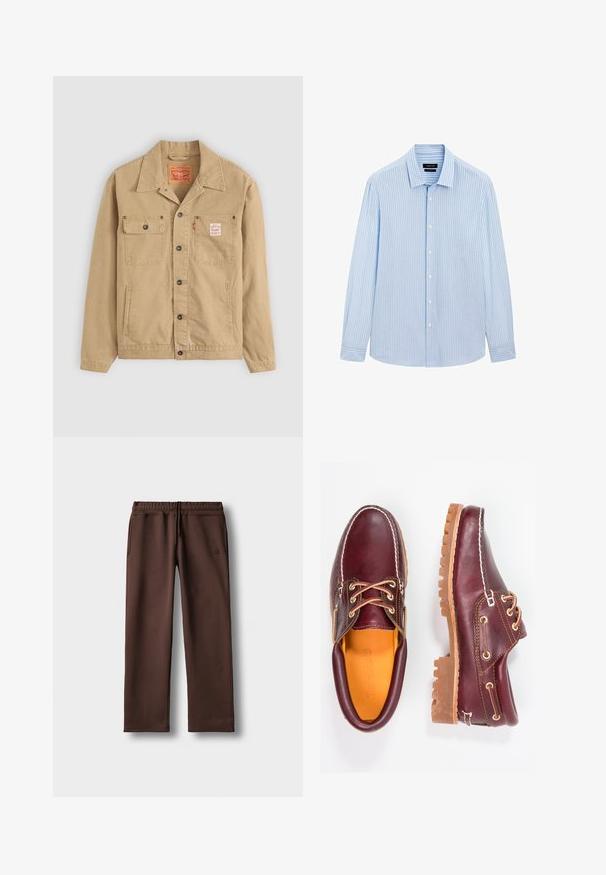 Levi's® Workwear SUNRISE TRUCKER - Jeansjacke - tiger's eye; Hellblaues Button-up-Hemd mit vertikalen weißen Streifen, langen Ärmeln, kragenähnlichem Ausschnitt und geradem Saum. Baumwollmischgewebe.; Braune Sweatpants aus weichem Material, mit einem elastischen Bund, Zugbandsdetail und seitlichen Taschen. Einfaches, gerades Bein-Design.; Bordeauxfarbene Lederschuhe mit braunen Gummisohlen, runder Zehenform, weißen Nähten und goldenen Ösen. Das Innenfutter weist eine gelbe Beschichtung auf.