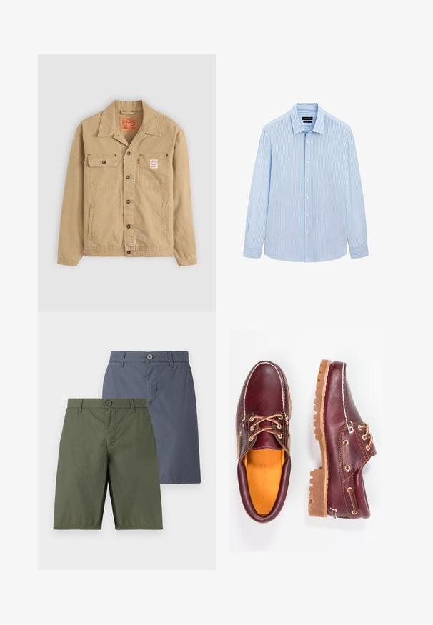 Levi's® Workwear SUNRISE TRUCKER - Cowboyjakker - tiger's eye; Lysblå skjorte med knapper og lodrette hvide striber, lange ærmer, krave og lige kant. Blandet bomuldsstof.; To sæt shorts: et olivengrønt og et marineblåt. Begge har knaplukning, lige snit og glat stof med en let glans.; Bordeaux lædersko med brune gummisåler, rund tå, hvid syning og gyldne snøringer. Indersiden har et gult for.
