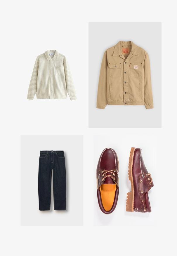 Levi's® Workwear SUNRISE TRUCKER - Cowboyjakker - tiger's eye; Stribet skjorte i creme og beige med krave, lange ærmer, en brystlomme og tekstureret stof med lodrette linjer.; Mørkeblå denim jeans med løs pasform, fem lommer og kontrastsyninger. Har en knap- og lynlåsclosure. Glat tekstur.; Bordeaux lædersko med brune gummisåler, rund tå, hvid syning og gyldne snøringer. Indersiden har et gult for.