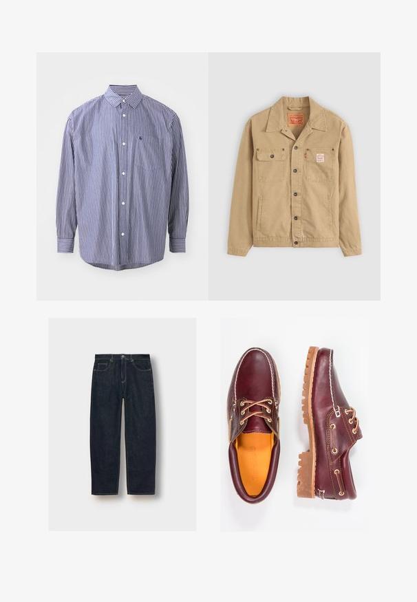 Levi's® Workwear SUNRISE TRUCKER - Giacca di jeans - tiger's eye; Camicia a righe blu navy e bianca. Presenta un colletto, maniche lunghe, una tasca sul petto e un orlo curvo. Vestibilità classica con tessuto testurizzato.; Jeans in denim blu scuro con vestibilità ampia, cinque tasche e cuciture a contrasto. Presentano una chiusura con bottone e zip. Tessuto liscio.; Scarpe in pelle bordeaux con suole in gomma marrone, punta rotonda, cuciture bianche e occhielli dorati. L'interno presenta un rivestimento giallo.