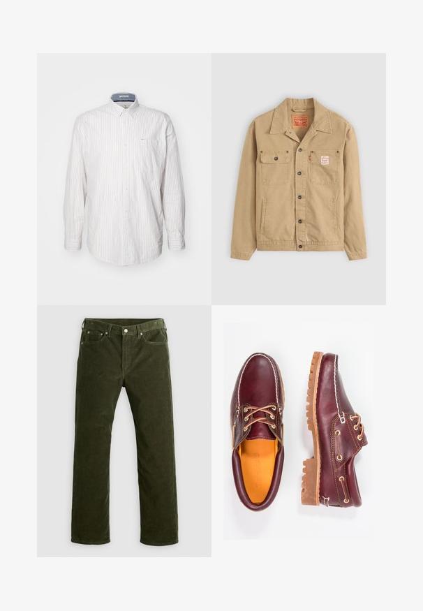 Levi's® Workwear - Kurtka jeansowa; Jasny, długorękawowy koszula w cienkie pionowe paski. Posiada kołnierzyk zapinany na guziki oraz kieszeń na piersi. Wykonana z teksturowanej tkaniny.; Oliwkowe sztruksowe spodnie typu straight-leg z przodu na guzik, z suwakiem, szlufkami na pasek i pięcioma kieszeniami na białym tle.; Bordowe skórzane buty z brązowymi gumowymi podeszwami, okrągły czubek, białe przeszycia i złote oczka. Wnętrze posiada żółtą podszewkę.