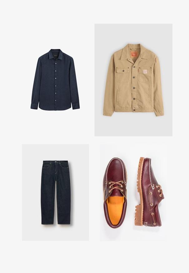 Levi's® Workwear SUNRISE TRUCKER - Denim jacket - tiger's eye; Massimo Dutti SLIM FIT GARMENT - Shirt - dark blue; Dark blue denim jeans with a loose fit, five pockets, and contrast stitching. Features a button and zipper closure. Smooth texture.; Burgundy leather shoes with brown rubber soles, round toe, white stitching, and gold eyelets. Interior features a yellow lining.