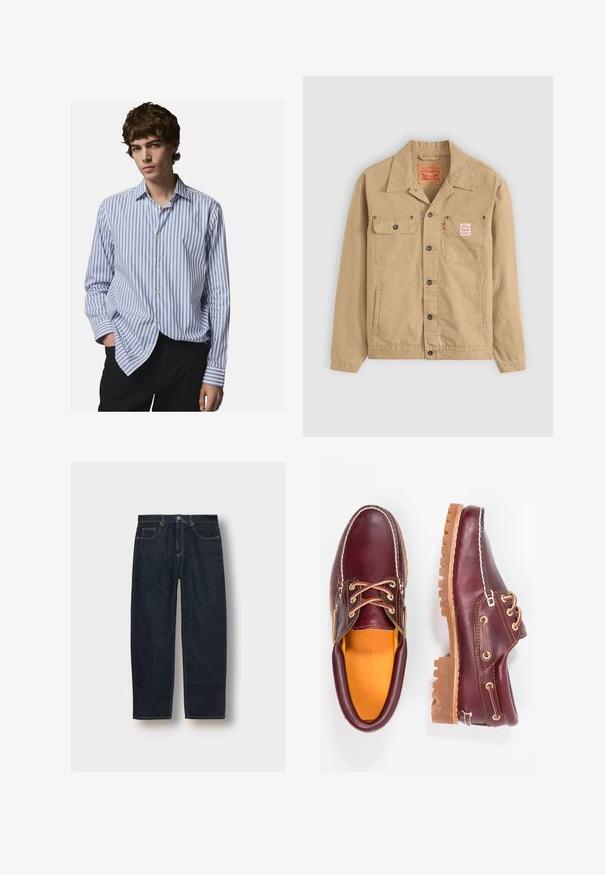 Levi's® Workwear SUNRISE TRUCKER - Spijkerjas - tiger's eye; Gestreept overhemd met knopen in wit en blauw. Kenmerkend voor een klassieke kraag, lange mouwen en een ontspannen pasvorm. Zachte stof met een lichte glans.; Donkerblauwe denim jeans met een losse pasvorm, vijf zakken en contrasterende stiksel. Voorzien van een knoop- en ritssluiting. Gladde textuur.; Bordeaux leren schoenen met bruine rubberen zolen, ronde neus, witte stiksels en gouden veterogen. Het interieur heeft een gele voering.