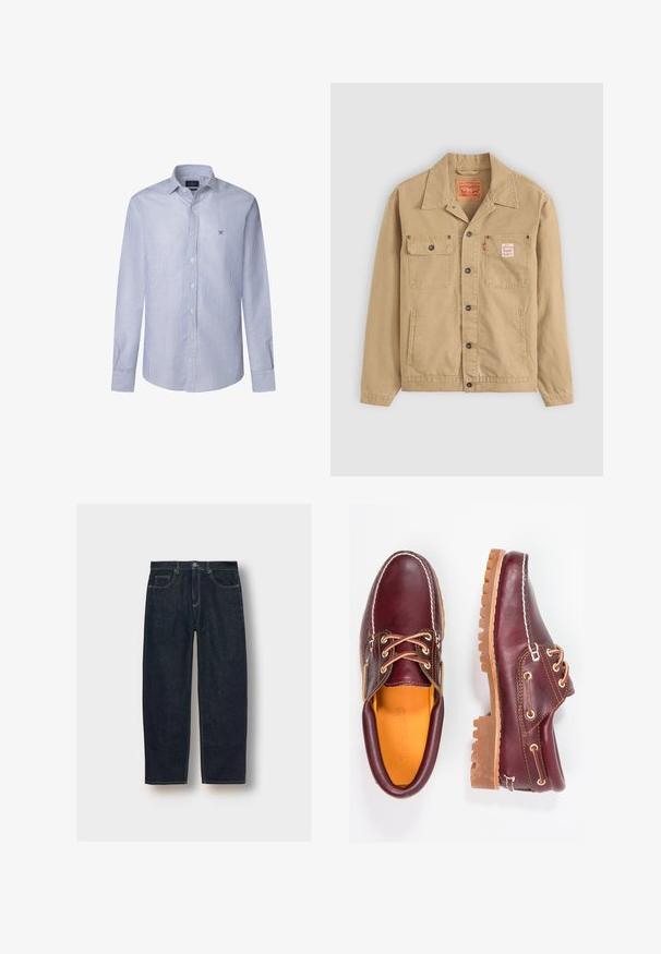 Levi's® Workwear SUNRISE TRUCKER - Spijkerjas - tiger's eye; Gestreepte langemouwen shirt in lichtblauw en witte katoen, met een button-down kraag en een klein geborduurd logo op de borst.; Donkerblauwe denim jeans met een losse pasvorm, vijf zakken en contrasterende stiksel. Voorzien van een knoop- en ritssluiting. Gladde textuur.; Bordeaux leren schoenen met bruine rubberen zolen, ronde neus, witte stiksels en gouden veterogen. Het interieur heeft een gele voering.