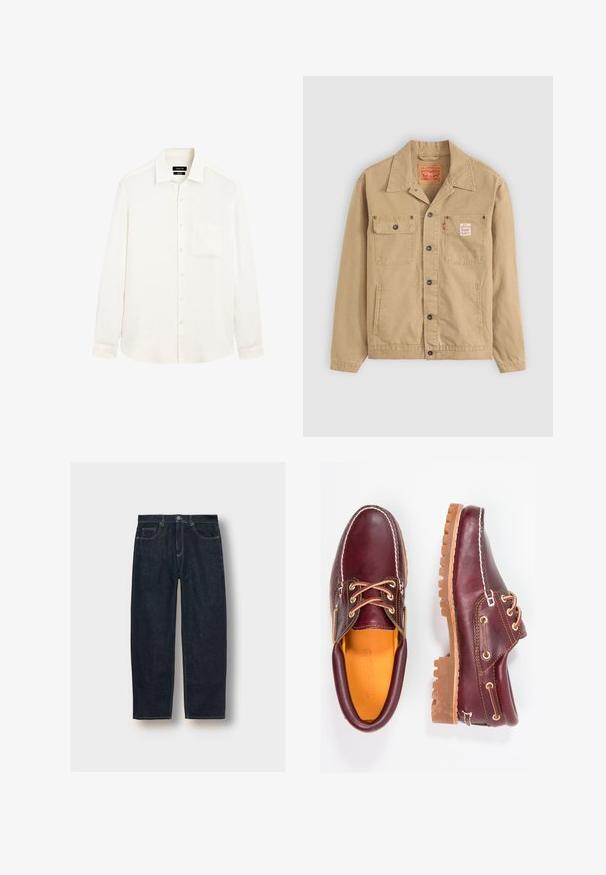 Levi's® Workwear - Kurtka jeansowa; Koszula z długim rękawem w kolorze kremowym, wykonana z lekkiego lnu, z kołnierzykiem zapinanym na guziki i jedną kieszenią na piersi. Charakteryzuje się luźnym krojem.; Granatowe dżinsy z luźnym krojem, pięcioma kieszeniami i kontrastowym przeszyciem. Wyróżniają się zapięciem na guzik i zamek błyskawiczny. Gładka faktura.; Bordowe skórzane buty z brązowymi gumowymi podeszwami, okrągły czubek, białe przeszycia i złote oczka. Wnętrze posiada żółtą podszewkę.