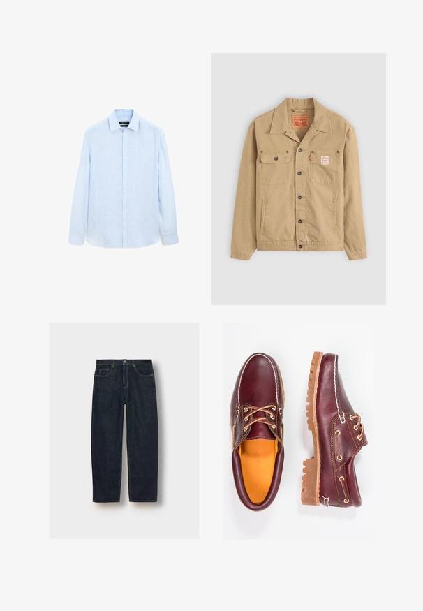 Levi's® Workwear SUNRISE TRUCKER - Giacca di jeans - tiger's eye; Camicia a maniche lunghe di colore azzurro chiaro, realizzata in tessuto testurizzato; presenta un colletto classico e una chiusura con bottoni, con una vestibilità leggermente rilassata.; Jeans in denim blu scuro con vestibilità ampia, cinque tasche e cuciture a contrasto. Presentano una chiusura con bottone e zip. Tessuto liscio.; Scarpe in pelle bordeaux con suole in gomma marrone, punta rotonda, cuciture bianche e occhielli dorati. L'interno presenta un rivestimento giallo.