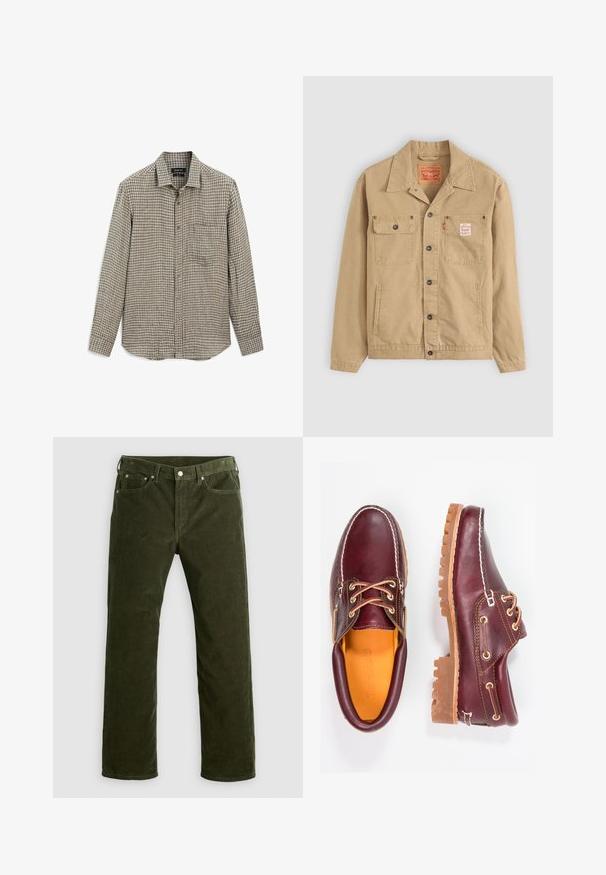 Levi's® Workwear SUNRISE TRUCKER - Jeansjacke - tiger's eye; Langärmliges, kariertes Hemd in Braun und Beige mit dezenten blauen Akzenten. Verfügt über eine Knopfleiste und eine Brusttasche.; Olivgrüne Kordhosen mit geradem Schnitt, vorderem Knopf, Reißverschluss, Gürtelschlaufen und fünf Taschen auf einem weißen Hintergrund.; Bordeauxfarbene Lederschuhe mit braunen Gummisohlen, runder Zehenform, weißen Nähten und goldenen Ösen. Das Innenfutter weist eine gelbe Beschichtung auf.