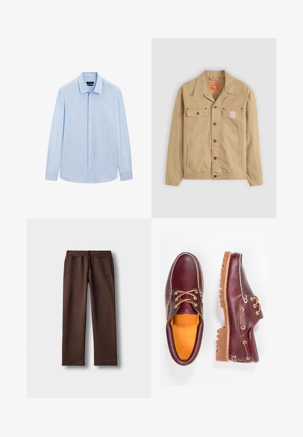 Levi's® Workwear SUNRISE TRUCKER - Giacca di jeans - tiger's eye; Camicia azzurra chiara con righe bianche verticali, maniche lunghe, colletto e orlo dritto. Tessuto in misto cotone.; Pantaloni della tuta marroni realizzati in tessuto morbido, con vita elastica, dettagli con coulisse e tasche laterali. Design semplice e a gamba dritta.; Scarpe in pelle bordeaux con suole in gomma marrone, punta rotonda, cuciture bianche e occhielli dorati. L'interno presenta un rivestimento giallo.