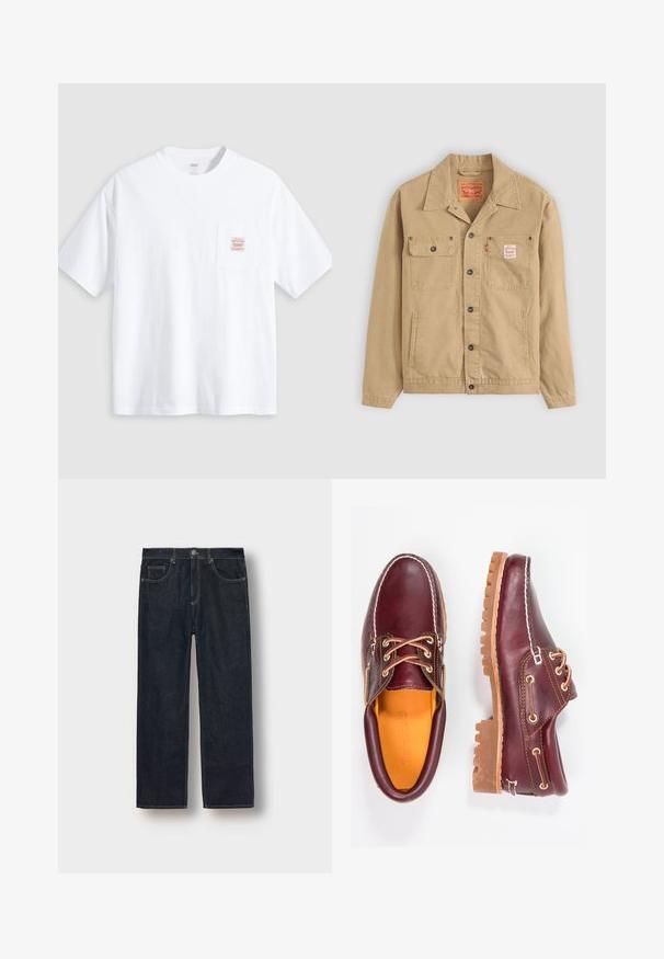 Levi's® Workwear SUNRISE TRUCKER - Džínová bunda - tiger's eye; Bílá bavlněná tričko s kulatým výstřihem, krátkými rukávy a přední kapsou, která má našitou etiketu s světle růžovým textem.; Světle modrá košile na knoflíky s vertikálními bílými pruhy, dlouhými rukávy, límcem a rovním lemem. Směs bavlny.; Tmavě modré džínové kalhoty rovného střihu vyrobené z denimu, s poutky na opasek, předními kapsami a kontrastním šitím. Minimalistický design bez ozdob.; Burgundské kožené boty s hnědými gumovými podrážkami, kulatou špičkou, bílým prošíváním a zlatými očky. Interiér obsahuje žlutou podšívku.