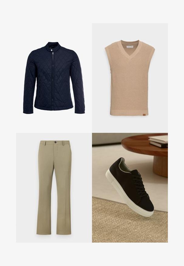 Tamsiai mėlynas užsegamas dubliažinis švarkas su stovinčiu apykakliu, visiškai užtraukiamas priekyje, ir dviem šoninėmis kišenėmis. Medžiaga turi lygią tekstūrą su deimantiniais raštais.; Bežinis nertinis be rankovių svarkelis su V formos iškirpte, grioveliais tekstūra ir mažu odiniu logotipo ženkliuku apačioje kairėje pusėje.; Šviesiai rudos spalvos, išplatintos kelnės su lygiu, audiniu tekstūra. Su mygtuko sagtimi, užtrauktuku, šoninėmis kišenėmis ir pritaikytu siluetu.; Juodas sportinis batelis su baltu padu, lekiančius virš smėlio spalvos tekstūruoto kilimo šalia apvalaus medinio stalo su sukrautomis knygomis.