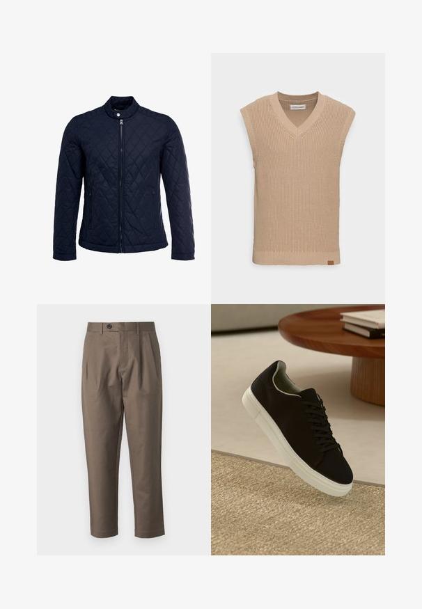 Merihenkinen tikattu takki, jossa on noususauma, täysin edessä vetoketju ja kaksi sivutaskua. Materiaali on sileäpintainen ja siinä on timanttikuvioita.; Beige neuleettu ilmanhihaista villatakkia, jossa on V-pääntie, ribbikuviointi ja pieni nahkainen logotagi vasemmassa alareunassa.; Ruske, krojene hlače z ravnim sprednjim delom, dvema stranskima žepoma in gumbom za zapiranje. Gladek, lahek material z ravnim krojem nogavic.; Musta lenkkari, jossa on valkoinen pohja, kelluu vaaleanbeige texturoituneen maton yllä pyöreän puupöydän vieressä, jonka päällä on pinottu kirjoja.