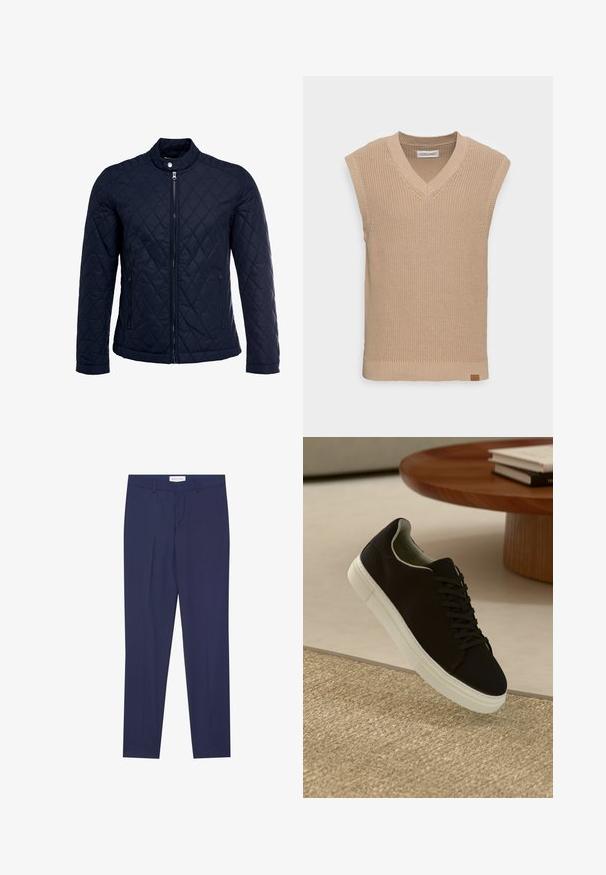 Marineblå quiltet jakke med ståkrave, fuld lynlås foran og to sidelommer. Materialet har en glat tekstur med diamantmønstre.; Beige strikket ærmeløs sweatervest med V-hals, ribbet struktur og et lille læderlogo mærke i nederste venstre hjørne.; Marineblå bukser i glat stof med flad front, to sidelommer, lynlås i front og ren nederkant uden mønstre eller accenter.; Sort sneaker med hvid sål svævende over en beige tekstureret tæppe nær et rundt trætabel med stablede bøger.