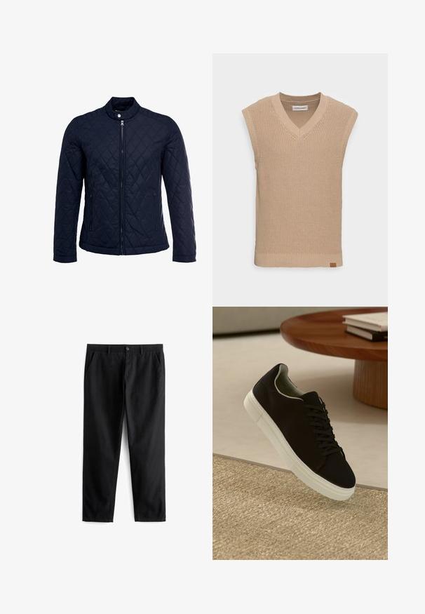 Mörkblå vadderad jacka med ståkrage, fullständig dragkedja framtill och två sidofickor. Tyget har en slät yta med diamantmönster.; Beige stickad ärmlös tröjväst med V-ringning, ribbad textur och en liten läderlogotyptagg i nederkanten på vänster sida.; Svarta byxor av slitstarkt tyg, med två framfickor, knappstängning, platt framdesign och rak benform.; Svart sneakers med vit sula svävande över en beige texturerad matta nära ett runt träbord med staplade böcker.