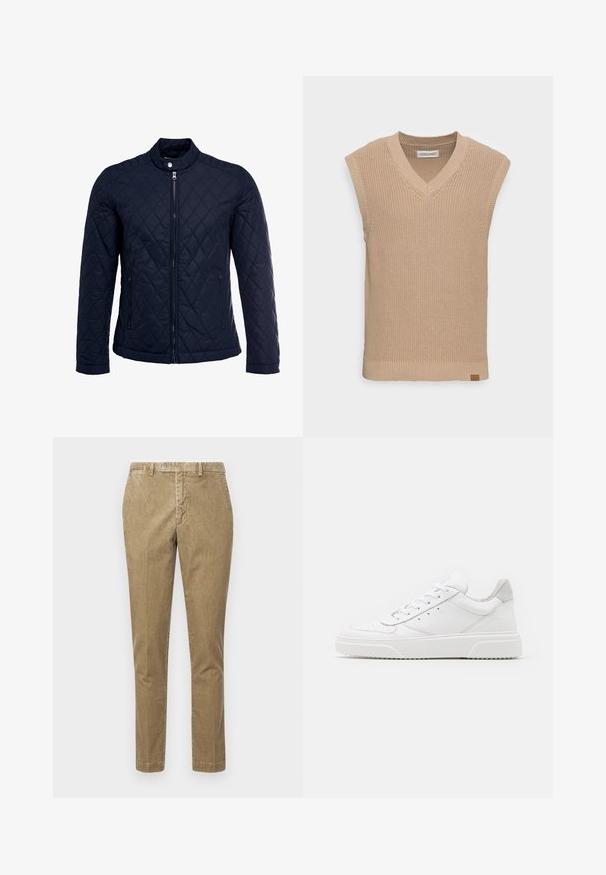 Marineblå quiltet jakke med ståkrave, fuld lynlås foran og to sidelommer. Materialet har en glat tekstur med diamantmønstre.; Beige strikket ærmeløs sweatervest med V-hals, ribbet struktur og et lille læderlogo mærke i nederste venstre hjørne.; Beige corduroy bukser med lige snit, med knaplukning og forlommer. Glat tekstur med synligt ribbestrik.; Hvide lædersneakers med en glat finish, rund tå, flade snørebånd og en struktureret sål. Grå ruskindsdetalje ved hælen.