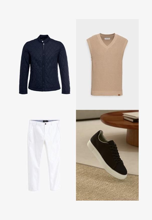 Mornarska jakna od ripsa s uzastopnim ovratnikom, punim prednjim zatvaračem i dva bočna džepa. Materijal ima glatku teksturu s dijamantnim uzorcima.; Bežani pleteni bezrukavnik s V-izrezom, rebrastom teksturom i malom kožnom oznakom na donjoj lijevoj strani.; Bijele pamučne chinos hlače s ravnim nogavicama, koje imaju dva prednja džepa, kopčanje na dugme i kontrastnu unutarnju detalj oko struka.; Crna tenisica s bijelim potplatom koja lebdi iznad bež teksturiranog tepiha pored okruglog drvenog stola sa složenim knjigama.