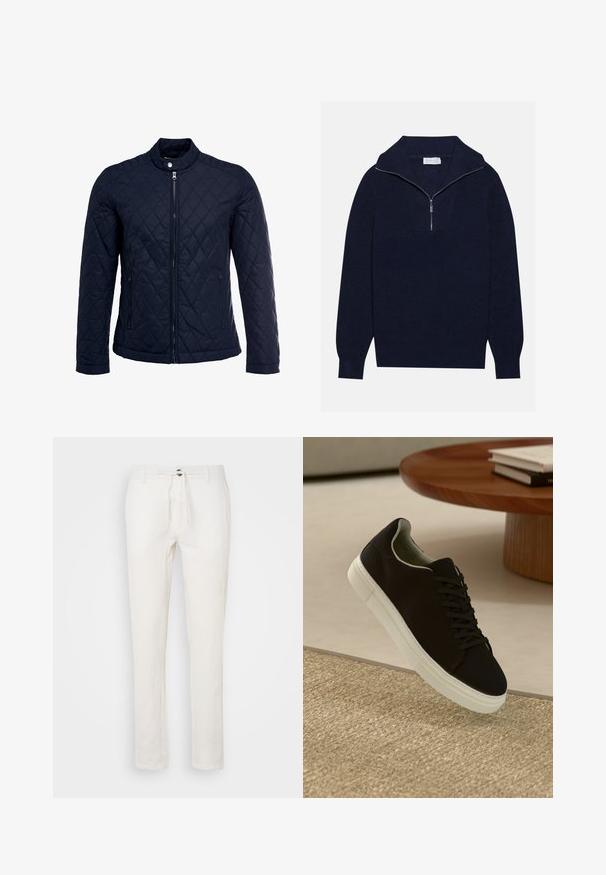 Mörkblå vadderad jacka med ståkrage, fullständig dragkedja framtill och två sidofickor. Tyget har en slät yta med diamantmönster.; Mörkblå stickad tröja med halvdragkedja i kragen, med ribbad textur och ett V-format mönster på framsidan. Långa ärmar och figursydd nederkant.; Vita linnbyxor med dragsko i midjan, rak bendesign och subtil textur. Inga synliga fickor eller mönster.; Svart sneakers med vit sula svävande över en beige texturerad matta nära ett runt träbord med staplade böcker.
