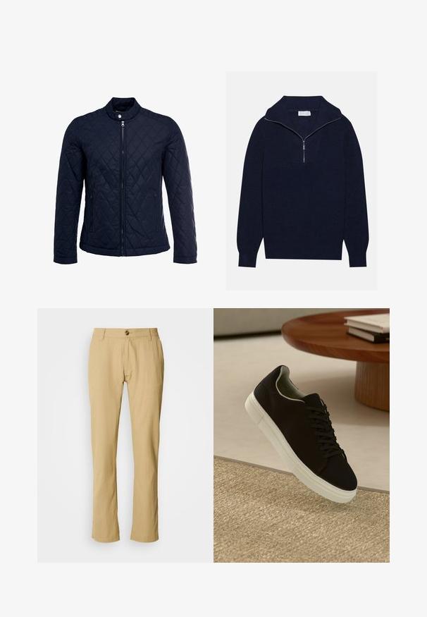 Navy quilted jacket featuring a stand-up collar, full front zip, and two side pockets. Material has a smooth texture with diamond patterns.; Navy blue knit sweater with a half-zip collar, featuring ribbed texture and a V-shaped design on the front. Long sleeves and fitted hem.; Beige trousers featuring a straight-leg cut, button closure, and subtle fabric texture. No patterns or additional hardware visible.; Black sneaker with white sole floating above beige textured rug near round wooden table with stacked books.