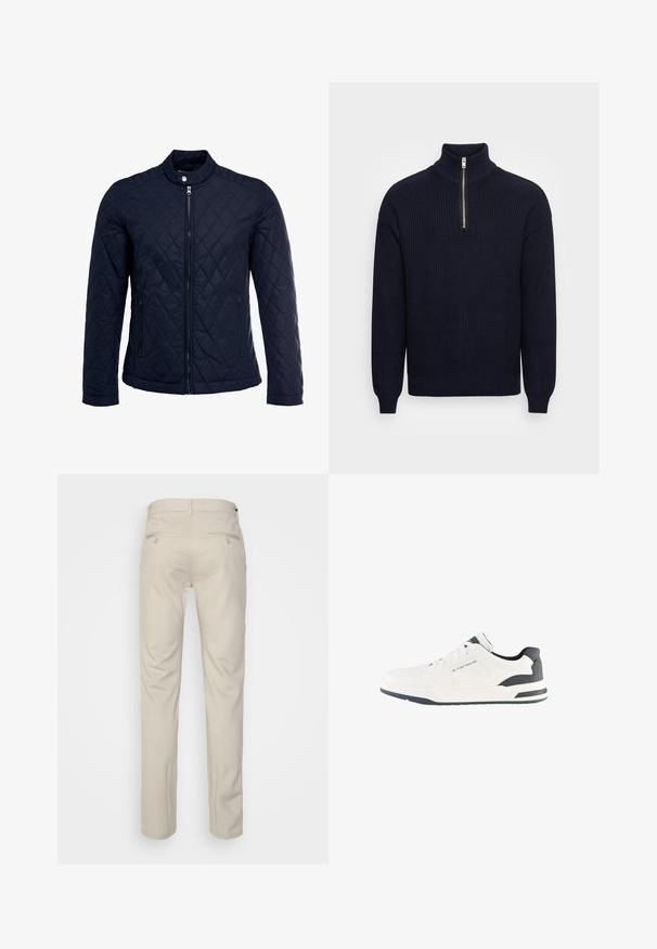 Tumesinine tikitud jakk, millel on püstine krae, täispikk tõmblukk ja kaks küljetaskut. Materjal on sileda tekstuuriga ja kaunistatud rombikujuliste mustritega.; Tumedatest sinise värvi kootud sviiter kõrge kaelusega ja poole tõmbluku sulgemisega. Omab soonikstruktuuri ning vabalt langevat lõikeviisi hemmi ja varrukates.; Bež püksid siledas tekstuuris, sirge lõikega, kahe nööpidega tagataskuga ja tavalise vöökohaga.; Valged tennisetossud tekstuuriga pealispinnaga, mustade aktsentidega kanna ja keele piirkonnas ning kummist tallaga, millel on tume triip. Sidumispaelad ja augud on lisatud.