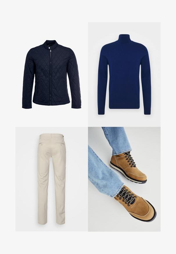 Giacca trapuntata blu navy con colletto alto, zip frontale completa e due tasche laterali. Il materiale ha una texture liscia con motivi a rombi.; Maglione doppiato blu navy realizzato in tessuto a maglia liscia. Maniche lunghe e design aderente con dettagli a coste sul colletto e sull'orlo.; Pantaloni beige con una texture liscia, taglio dritto, due tasche posteriori con bottoni e vita standard.; Scarpe da hiking in suede marrone con lacci neri, suole in gomma e dettagli bianchi. Abbinato a jeans azzurri chiari. Vista ravvicinata delle calzature.