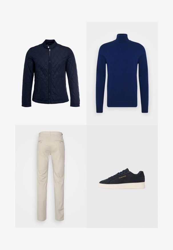 Tengerész kék steppelt dzseki, állógallérral, teljes előlapi cipzárral és két oldalsó zsebbel. Az anyag sima textúrájú, gyémánt mintázattal.; Sötétkék garbó pulóver sima kötött anyagból. Hosszú ujjú és testhez simuló fazon, bordás részletekkel a gallérnál és az alsó hemnél.; Beige nadrág sima felülettel, egyenes szabással, két gombos hátsó zsebbel és normál derékrésszel.; Sötétkék velúr, alacsony szárú teniszcipő fehér talppal, sötétkék fűzőkkel és arany színű "Filling Pieces" logóval az oldalán.