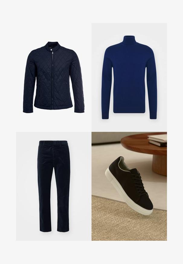 Navy quilted jacket featuring a stand-up collar, full front zip, and two side pockets. Material has a smooth texture with diamond patterns.; Navy blue turtleneck sweater made of smooth knit fabric. Long sleeves and fitted design with ribbed accents at the collar and hem.; Navy corduroy pants with a straight leg design, featuring a textured surface and a standard waistband for a secure fit.; Black sneaker with white sole floating above beige textured rug near round wooden table with stacked books.
