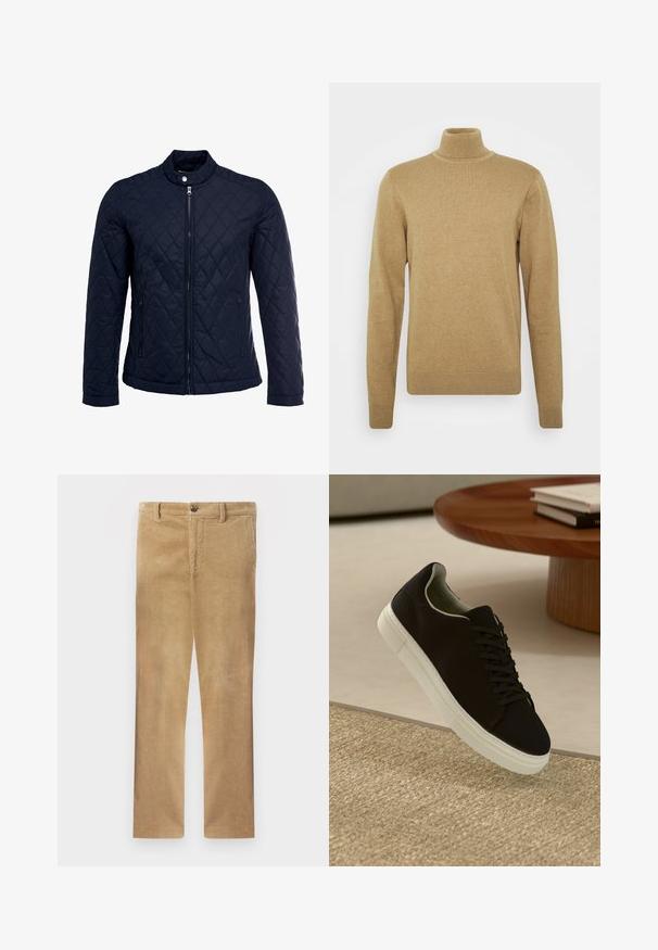 Tamsiai mėlynas užsegamas dubliažinis švarkas su stovinčiu apykakliu, visiškai užtraukiamas priekyje, ir dviem šoninėmis kišenėmis. Medžiaga turi lygią tekstūrą su deimantiniais raštais.; Bežinė storo audinio megztinė su aukštu kaklu. Turi ilgomis rankovėmis ir prigludusį dizainą. Raukšlėtas apykaklė ir apačia.; Chaki spalvos kordūro kelnių tiesaus silueto, su subtiliais vertikaliais raibuliais, mygtukų užsegimu ir standartiniais diržo kilpelėmis.; Juodas sportinis batelis su baltu padu, lekiančius virš smėlio spalvos tekstūruoto kilimo šalia apvalaus medinio stalo su sukrautomis knygomis.