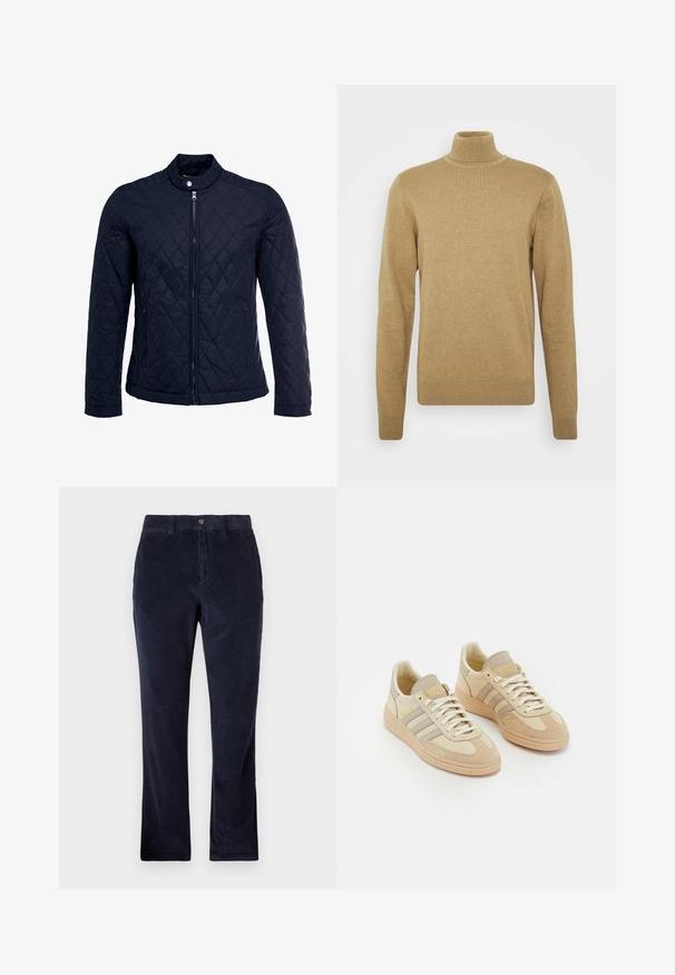 Námořnická prošívaná bunda s vysokým límcem, plným zipem a dvěma bočními kapsami. Materiál má hladkou texturu s diamantovým vzorem.; Beige rolák vyrobený z měkké pleteniny. Má dlouhé rukávy a přiléhavý střih. Hlavními prvky jsou vroubkovaný lem a límec.; Námořnické kordové kalhoty s rovnými nohavicemi, se zapínáním na knoflík, poutky na opasek a texturovanou ribbenou tkaninou.; Světlé béžové tenisky vyrobené z semišové a textilní látky, se třemi šedými pruhy, texturovanými akcenty a hnědou gumovou podrážkou. Šňůrky jsou bílé.