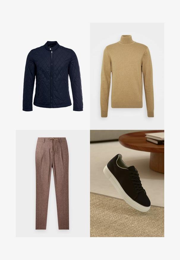 Marineblauwe gewatteerde jas met een staande kraag, volledige ritssluiting aan de voorkant en twee zijzakken. Materiaal heeft een gladde textuur met ruitpatronen.; Beige coltrui gemaakt van zachte gebreide stof. Kenmerken zijn lange mouwen en een aansluitend ontwerp. Geribbelde zoom en kraagaccenten.; Bruine, gewatteerde broeken met een visgraatpatroon, uitgerust met een trekkoord in de taille en twee voorplooien. Rechte pijpen.; Zwarte sneaker met witte zool die boven een beige gestructureerd tapijt zweeft, nabij een ronde houten tafel met gestapelde boeken.