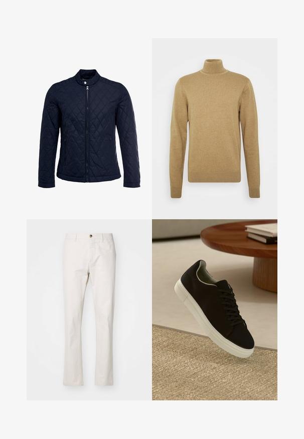 Mornarsko podloženo jakno z dvignjenim ovratnikom, polnim zadrgo in dvema stranskima žepoma. Material ima gladko teksturo s diamantnimi vzorci.; Bež pulover s turtleneck iz mehkega pletenega materiala. Ima dolge rokave in prilegajočo se zasnovo. Ribana obroba in ovratnik.; Bež hlače iz mešanice bombaža s ravnim krojem, ki imajo sprednje zapiranje na gumb, zanke za pas in minimalističen dizajn. Gladka tekstura.; Črni športni copat z belim podplatom lebdi nad bež teksturiranim preprogam blizu okroglega lesenega mize z zloženimi knjigami.