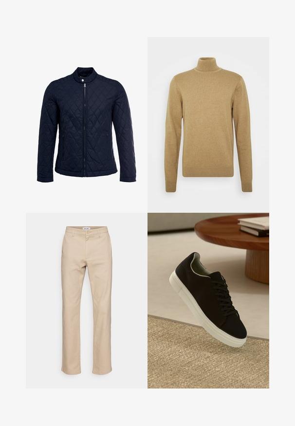 Chaqueta acolchada de color navy que cuenta con un cuello alzado, cierre frontal completo y dos bolsillos laterales. El material tiene una textura suave con patrones en forma de rombo.; Suéter beige de cuello alto realizado en suave tejido de punto. Presenta mangas largas y un diseño ajustado. Detalles de ribete en el dobladillo y el cuello.; Pantalones de algodón beige con un diseño de pierna recta, que cuentan con cierre de botón, trabillas para el cinturón y bolsillos laterales. Textura suave.; Zapatilla negra con suela blanca flotando sobre una alfombra texturizada beige cerca de una mesa redonda de madera con libros apilados.