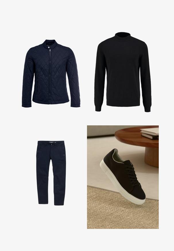 Navy quilted jacket featuring a stand-up collar, full front zip, and two side pockets. Material has a smooth texture with diamond patterns.; Black knit sweater with a high collar, long sleeves, and ribbed cuffs and hem, featuring a smooth texture and classic silhouette.; Navy blue trousers made of cotton with a straight cut. Features two side pockets and a button closure. Minimalist design with subtle accents.; Black sneaker with white sole floating above beige textured rug near round wooden table with stacked books.