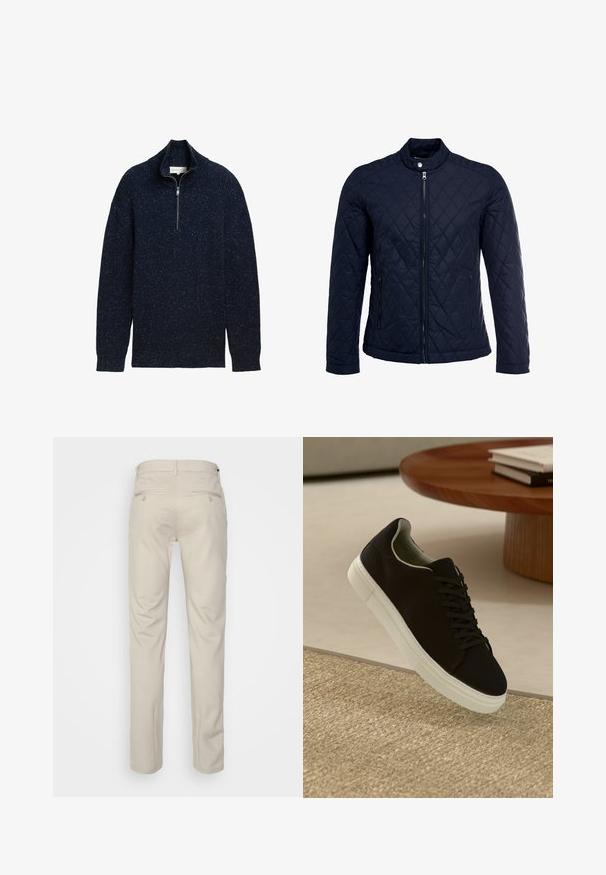 Marinefarbenes wattiertes Jackett mit Stehkragen, durchgehendem Reißverschluss und zwei seitlichen Taschen. Das Material hat eine glatte Textur mit Rautenmuster.; Marinefarbener Strickpullover mit einem Halb-Reißverschluss-Kragen, gerippter Textur und gesprenkelten Details. Langärmlig mit umgeschlagenen Enden.; Beige Hosen mit glatter Textur, geradem Schnitt, zwei Gesäßtaschen mit Knöpfen und einem normalen Bund.; Schwarze Sneakers mit weißer Sohle, die über einem beige strukturierten Teppich schweben, in der Nähe eines runden Holztisches mit gestapelten Büchern.