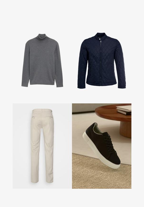 Marinefarbenes wattiertes Jackett mit Stehkragen, durchgehendem Reißverschluss und zwei seitlichen Taschen. Das Material hat eine glatte Textur mit Rautenmuster.; Grau melierter Rollkragenpullover aus weichem Strickstoff. Verfügt über lange Ärmel und einen körpernahen Kragen, mit einem minimalistischen Design und ohne sichtbare Logos.; Beige Hosen mit glatter Textur, geradem Schnitt, zwei Gesäßtaschen mit Knöpfen und einem normalen Bund.; Schwarze Sneakers mit weißer Sohle, die über einem beige strukturierten Teppich schweben, in der Nähe eines runden Holztisches mit gestapelten Büchern.