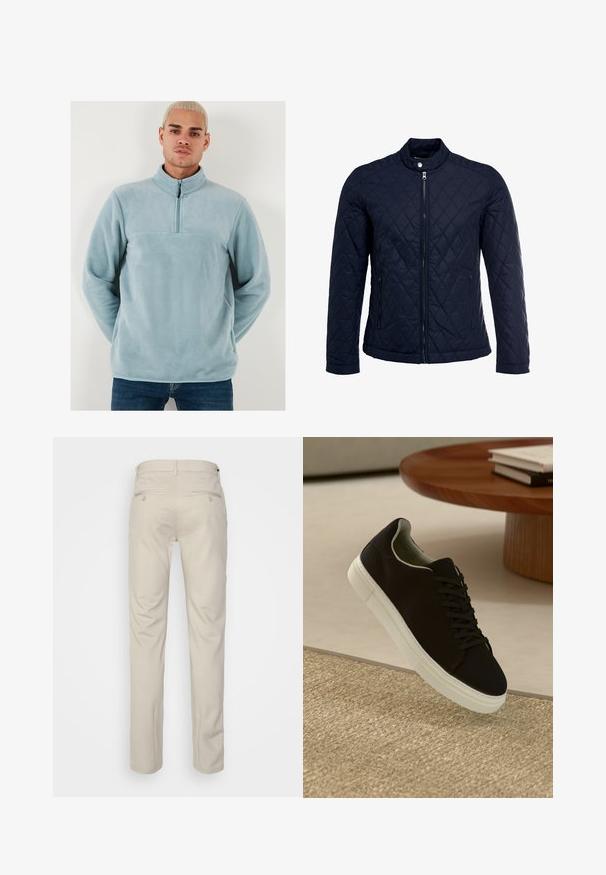 Mornarsko podloženo jakno z dvignjenim ovratnikom, polnim zadrgo in dvema stranskima žepoma. Material ima gladko teksturo s diamantnimi vzorci.; Svetlo modra flis majica s visokim ovratnikom in pol zip zapiranjem spredaj. Mehka tekstura z enotnim dizajnom in horizontalnim šivom čez prsa.; Bež hlače z gladko teksturo, ravnega kroja, dvema zadnjima žepoma z gumbi in standardnim pasom.; Črni športni copat z belim podplatom lebdi nad bež teksturiranim preprogam blizu okroglega lesenega mize z zloženimi knjigami.